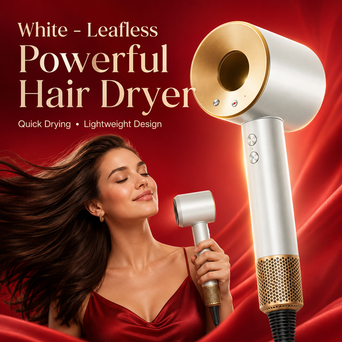 White Leafless Hair Dryer with Strong Airflow, Quick Drying and Low Noise Design