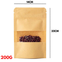 200g - Kraft Paper Bag Stand Up Pouch Food Zip Lock Packaging Window (14cm X