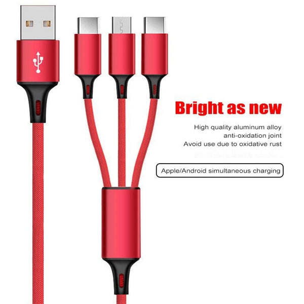 Charger 3 in 1 USB Cable for iPhone, All Android Phones Micro USB and Type C