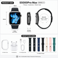 S5000Pro Max Series 11 HD Smart Watch with 7 Replacement Straps | TWS Bluetooth Earbuds, Watch Case & Health Fitness Tracker