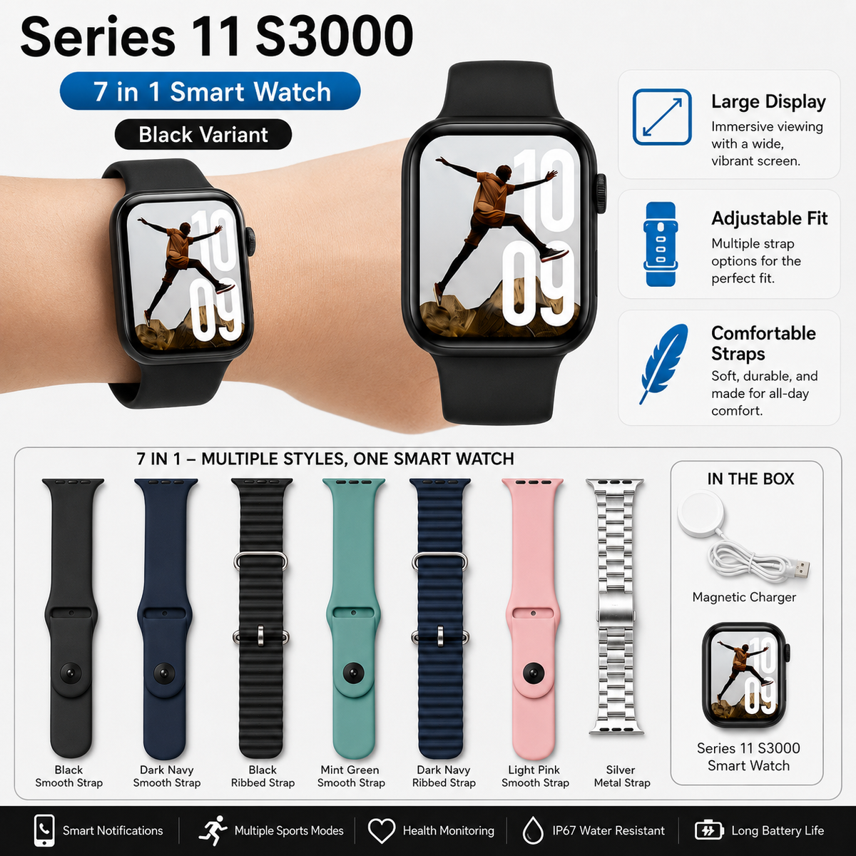 Series 11 S3000 Black 7+1 Smart Watch with Metal Strap | Bluetooth Calling | Sports Fitness Tracker | Smartwatch for Men & Women