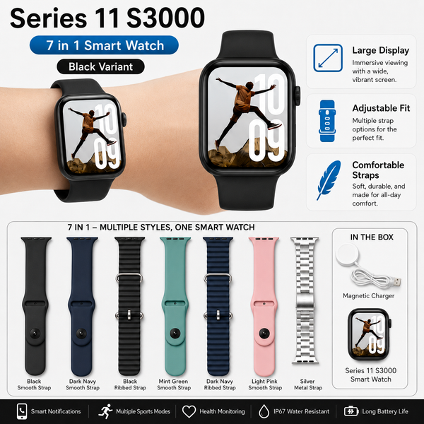 Series 11 S3000 Black 7+1 Smart Watch with Metal Strap | Bluetooth Calling | Sports Fitness Tracker | Smartwatch for Men & Women