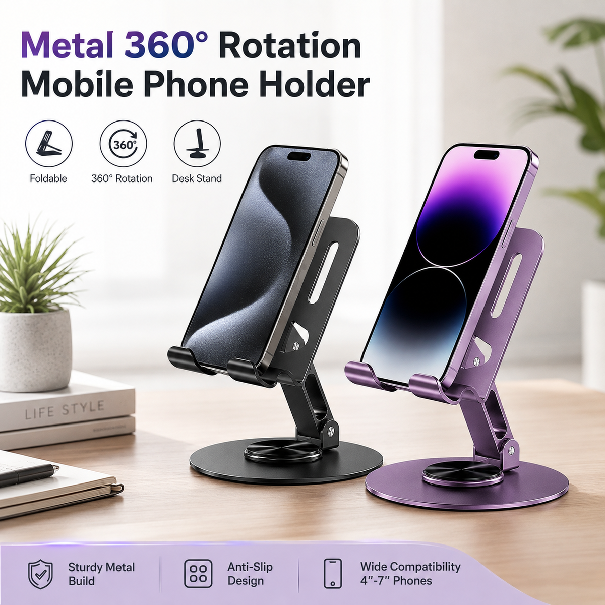 Universal Aluminum Phone Stand for Desk 360° – Rotation, Foldable and Anti-Slip Base