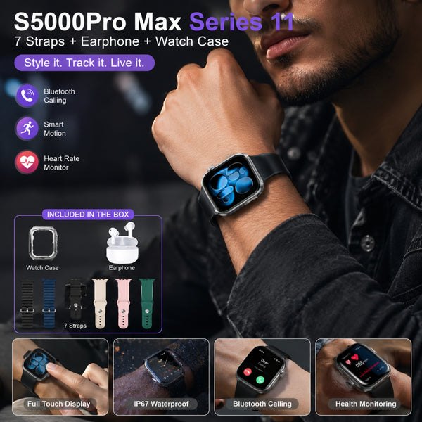 S5000Pro Max Series 11 HD Smart Watch with 7 Replacement Straps | TWS Bluetooth Earbuds, Watch Case & Health Fitness Tracker