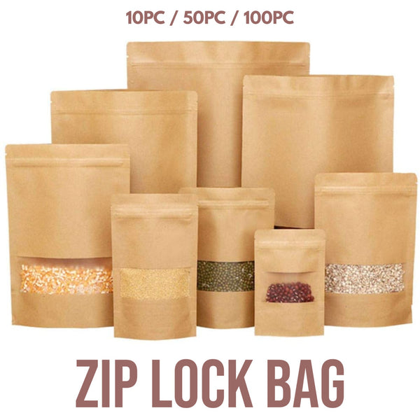 100g - Kraft Paper Bag Stand Up Pouch Food Zip Lock Packaging Window (12cm X